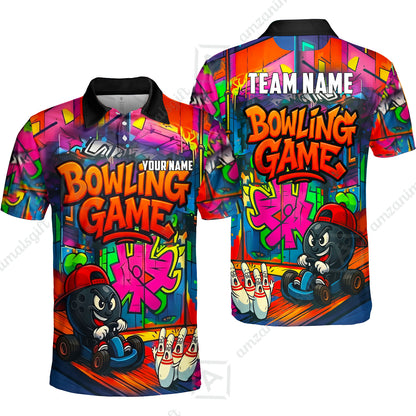 Custom Bowling Jersey Polo Shirt, Street Graffiti Go Kart Ball, Custom Bowling Jersey Team Shirt For Players With Name and Team Name