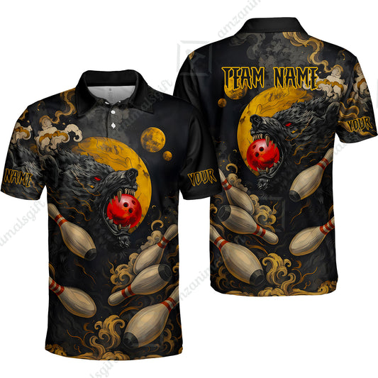 Custom Bowling Jersey Polo Shirt, Bowling And Pin Wolf Moon Smoke Japan Style, Personalize Name and Team Name