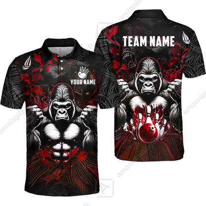 Custom Bowling Jersey Polo Shirt, Furious Gorilla Mascot, Custom Bowling Jersey Team Shirt For Players With Name & Team Name