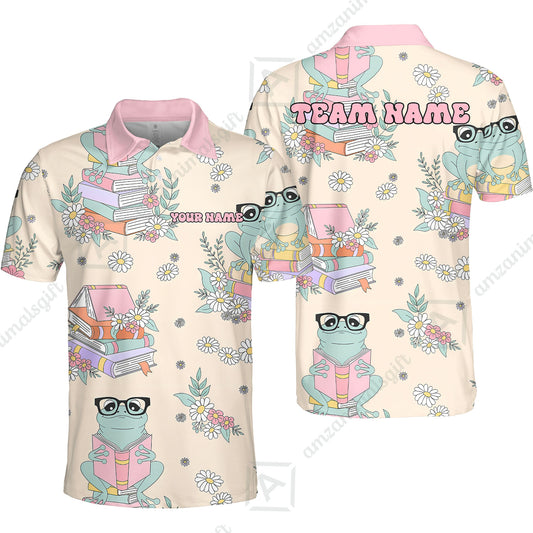 Custom Bowling Jersey Polo Shirt, Bookworm Frog, Personalized Name And Team Name