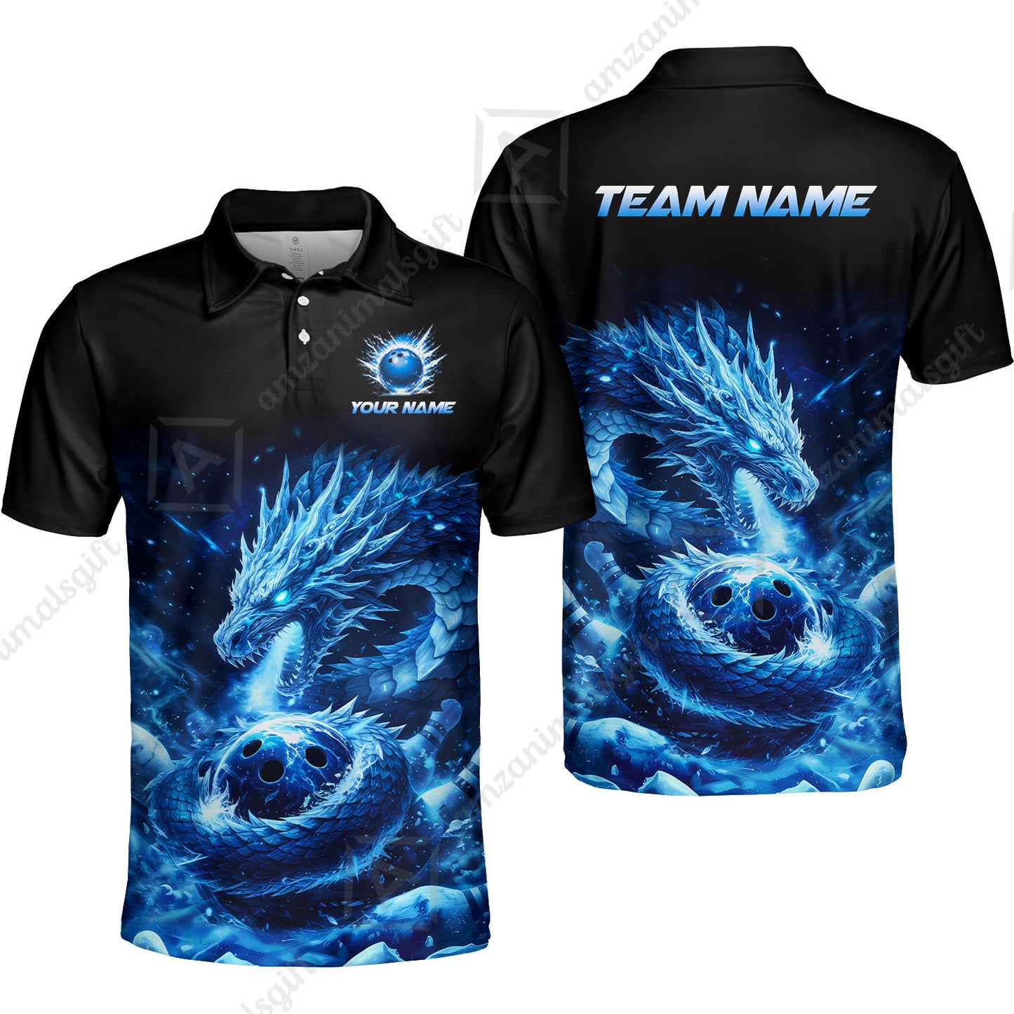 Custom Bowling Jersey Polo Shirt, Mythical Ice Dragon Strike, Custom Bowling Jersey Team Shirt For Players With Name and Team Name