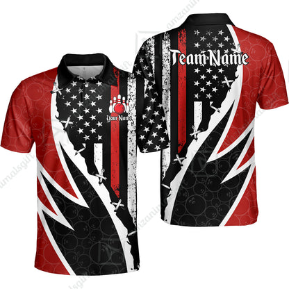 Custom Bowling Jersey Polo Shirt, Thin Red Line With Vintage Distressed American Flag, Personalize Name and Team Name