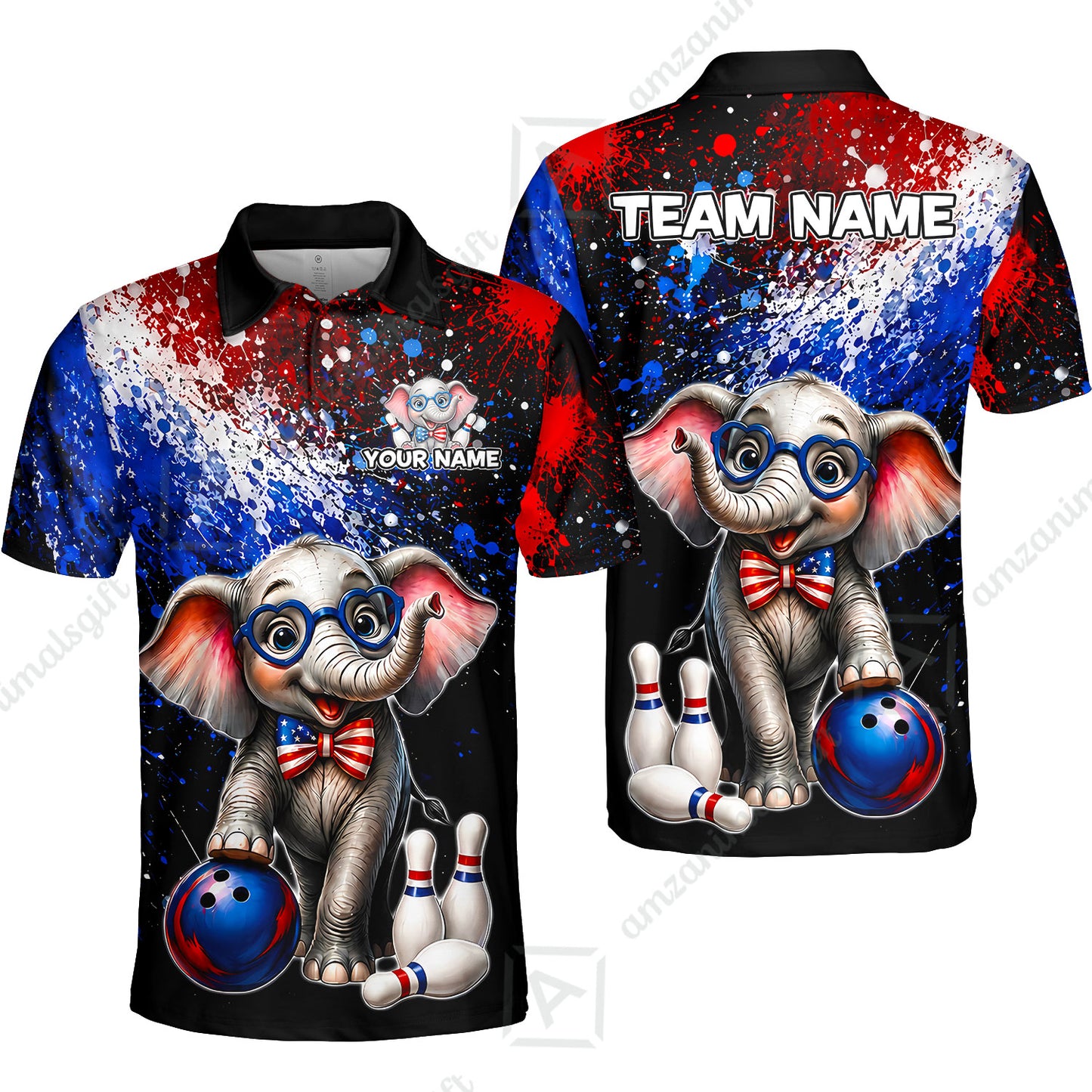Custom Bowling Jersey Polo Shirt, Patriotic Elephant Bowling, Personalize Name and Team Name
