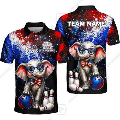 Custom Bowling Jersey Polo Shirt, Patriotic Elephant Bowling, Personalize Name and Team Name