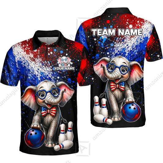 Custom Bowling Jersey Polo Shirt, Patriotic Elephant Bowling, Personalize Name and Team Name