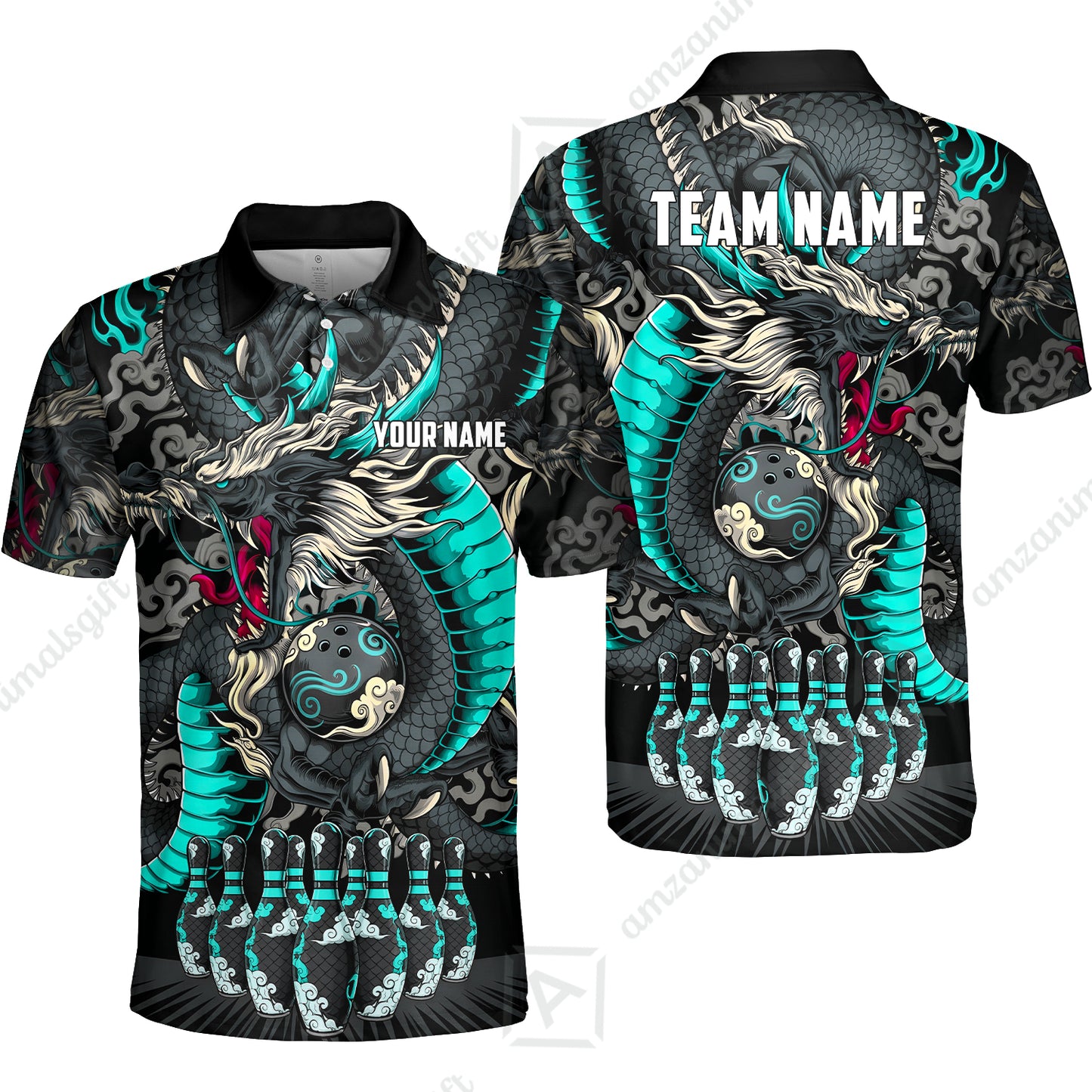 Custom Bowling Jersey Polo Shirt, Oriental Jade Dragon & Classic Clouds, Custom Bowling Jersey Team Shirt For Players With Name & Team Name