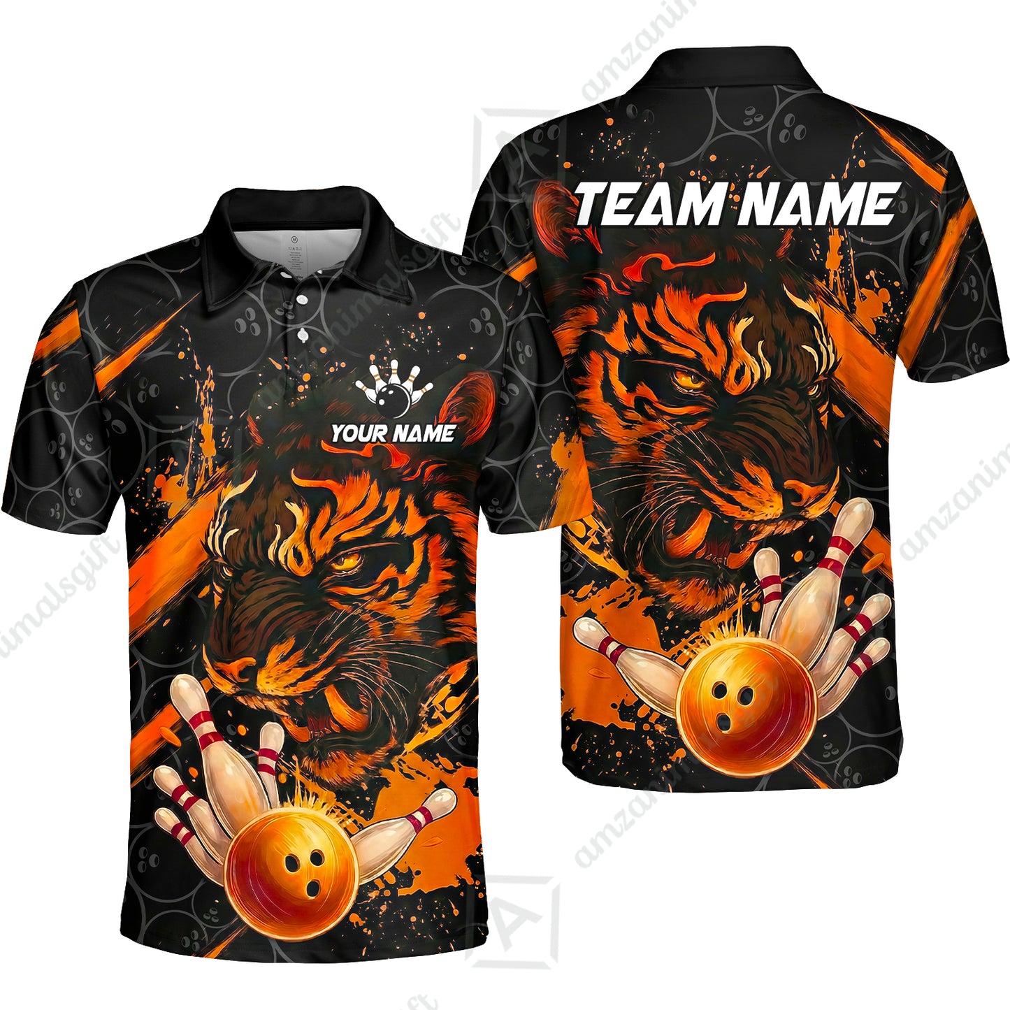 Customized Bowling Unisex Polo Shirt, Tiger Ball Striking Pins, Bowling Uniforms, Personalized Name And Team Name