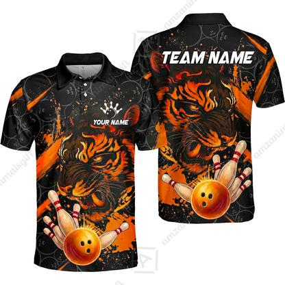 Customized Bowling Unisex Polo Shirt, Tiger Ball Striking Pins, Bowling Uniforms, Personalized Name And Team Name
