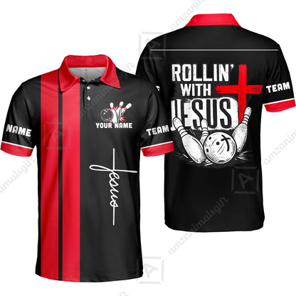 Custom Bowling Jersey Polo Shirt, Rollin With Jesus Bowling Custom Bowling Jersey Team Shirt For Players With Name & Team Name
