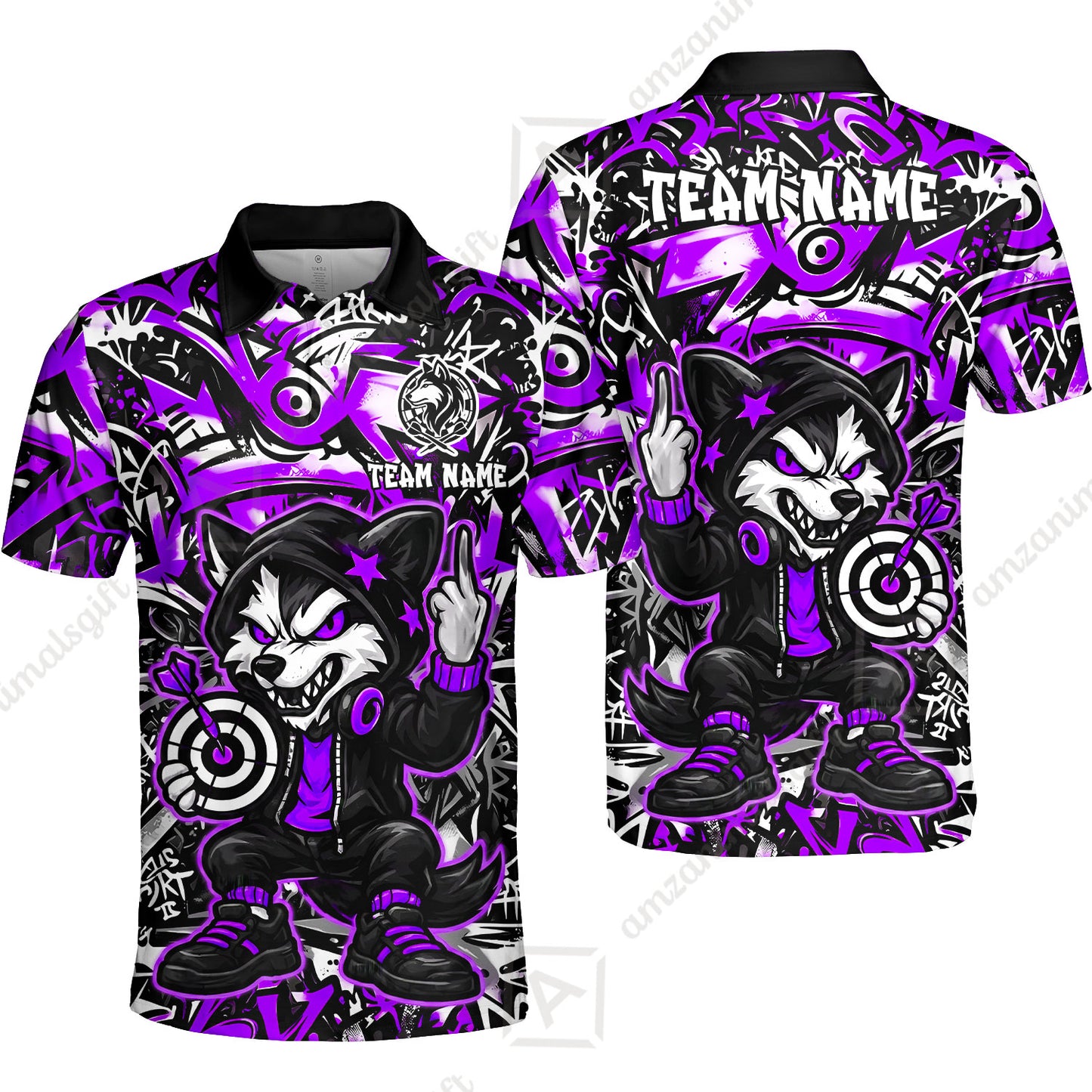 Customized Darts Team Uniform Shirt, Cool Cartoon Wolf With Dartboard, Personalized Name And Team Name
