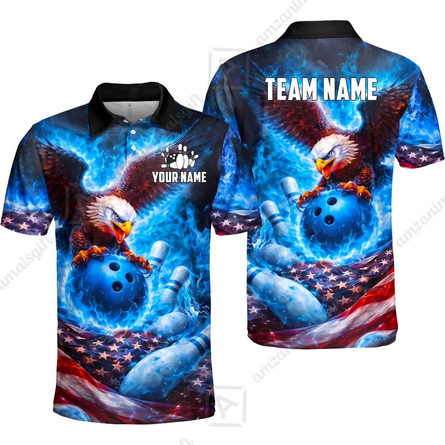 Custom Bowling Jersey Polo Shirt, Patriotic Blue Fire Eagle, Custom Bowling Jersey Team Shirt For Players With Name and Team Name
