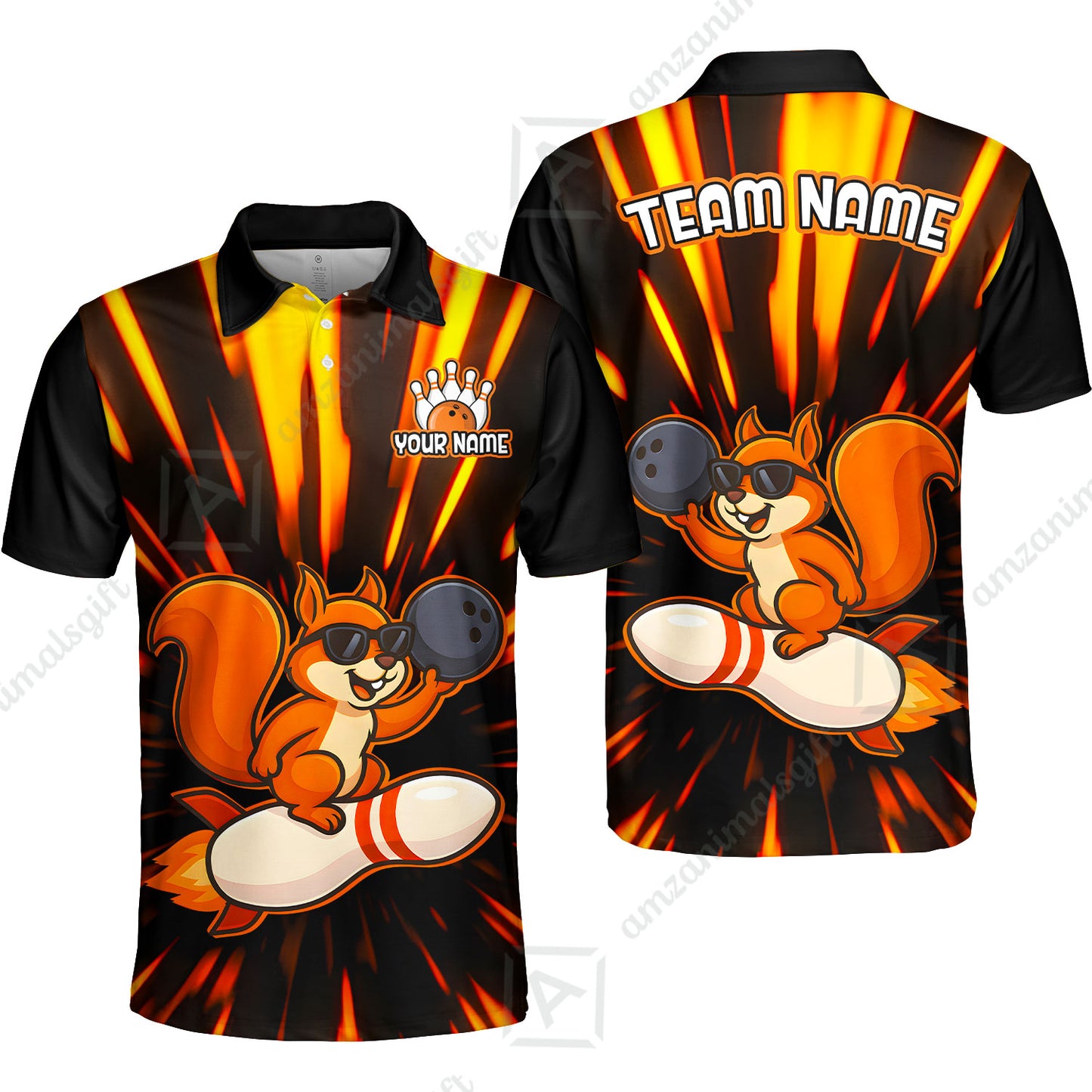 Funny Bowling Custom Polo T-Shirt - Fun Cartoon Flame With Squirrel Wearing Sunglasses, Personalized Bowling Jersey Polo Shirts