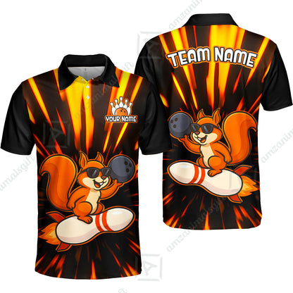 Funny Bowling Custom Polo T-Shirt - Fun Cartoon Flame With Squirrel Wearing Sunglasses, Personalized Bowling Jersey Polo Shirts