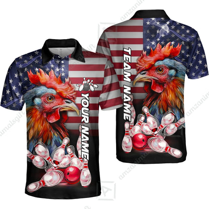 Custom Bowling Jersey Polo Shirt, Colorful Rooster Bowling Custom Bowling Jersey Team Shirt For Players With Name & Team Name