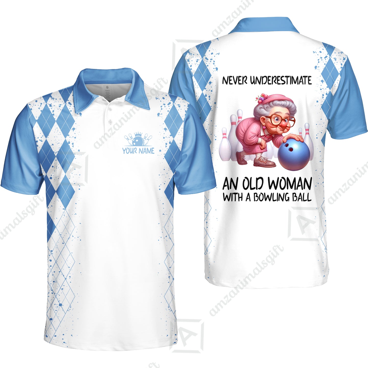 Custom Bowling Jersey Polo Shirt, Never Underestimate An Old Woman With A Bowling Ball, Personalized Name & Team Name
