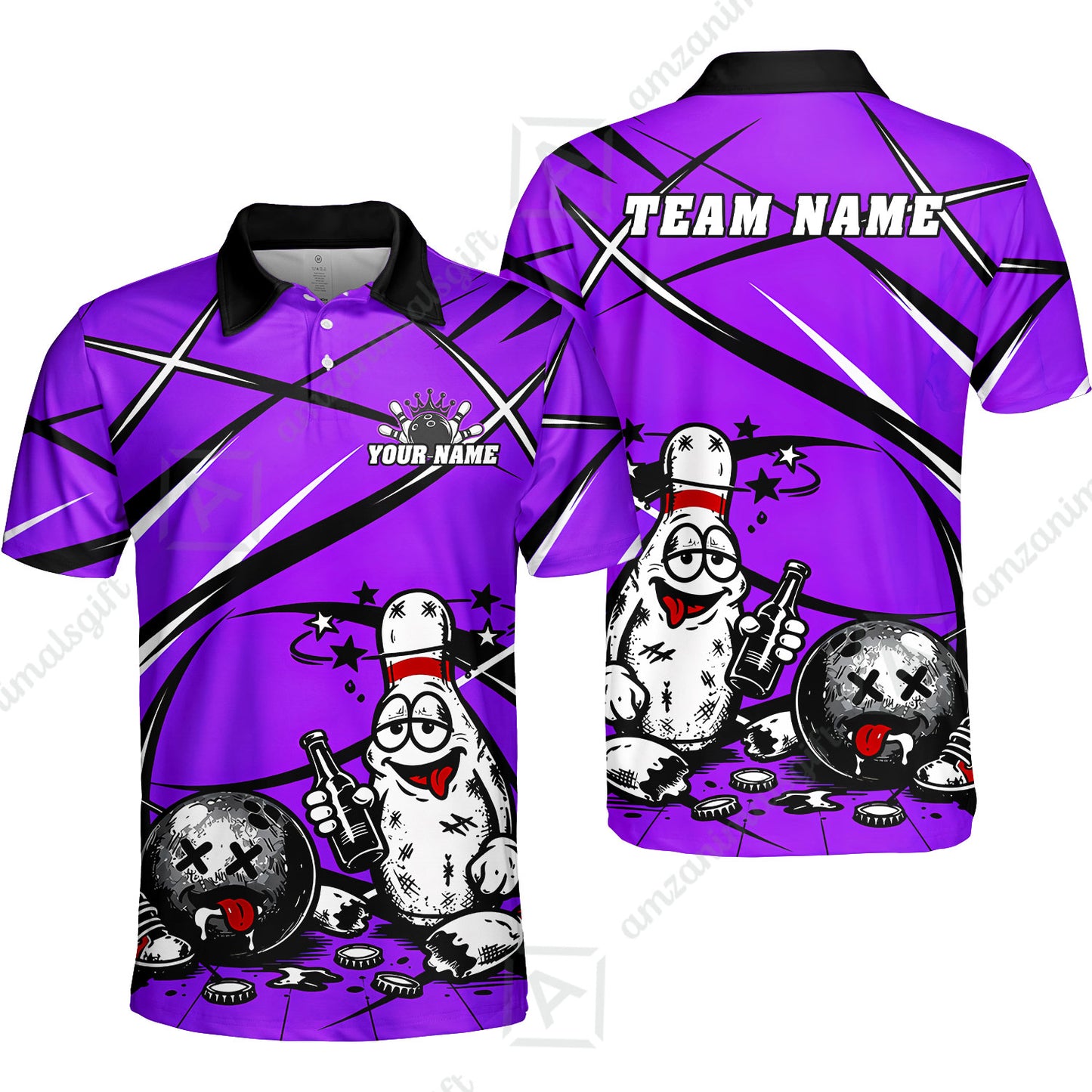 Custom Bowling Jersey Polo Shirt, Drunk Bowling Pin And Ball, Custom Bowling Jersey Team Shirt For Players With Name & Team Name