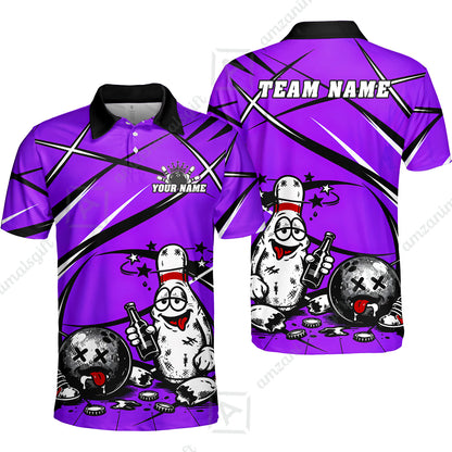 Custom Bowling Jersey Polo Shirt, Drunk Bowling Pin And Ball, Custom Bowling Jersey Team Shirt For Players With Name & Team Name