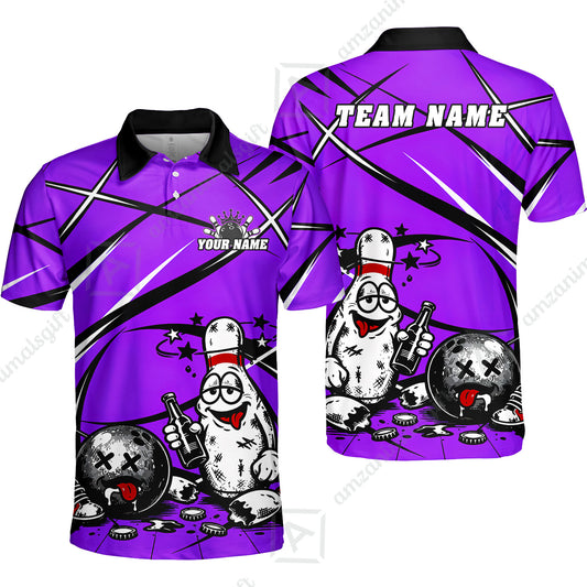 Custom Bowling Jersey Polo Shirt, Drunk Bowling Pin And Ball, Custom Bowling Jersey Team Shirt For Players With Name & Team Name