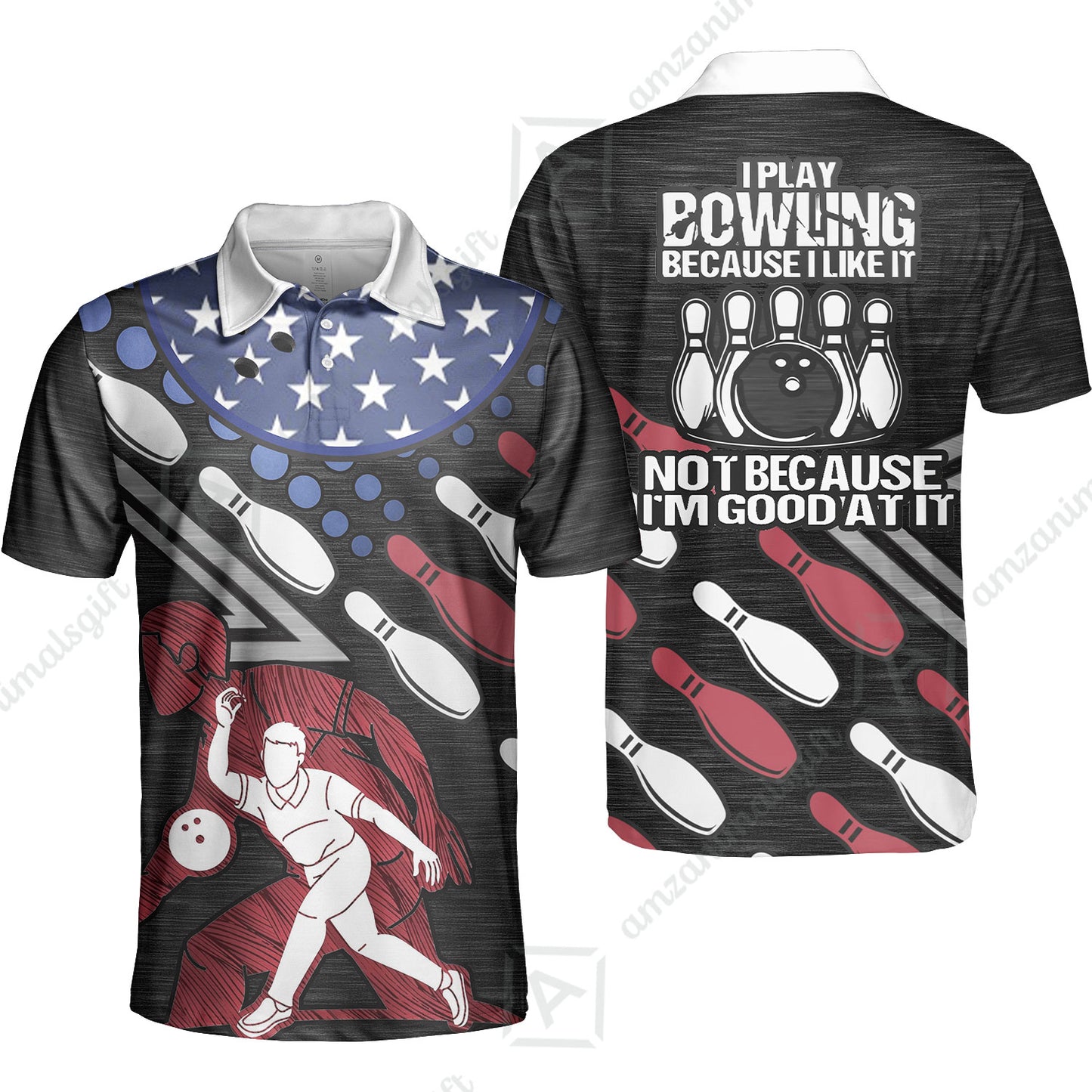 Customized Bowling Polo Shirt - I Play Bowling Because I Like It , American Flag Bowling Team Jersey Polo Shirts - Bowling Team Uniforms Jerseys