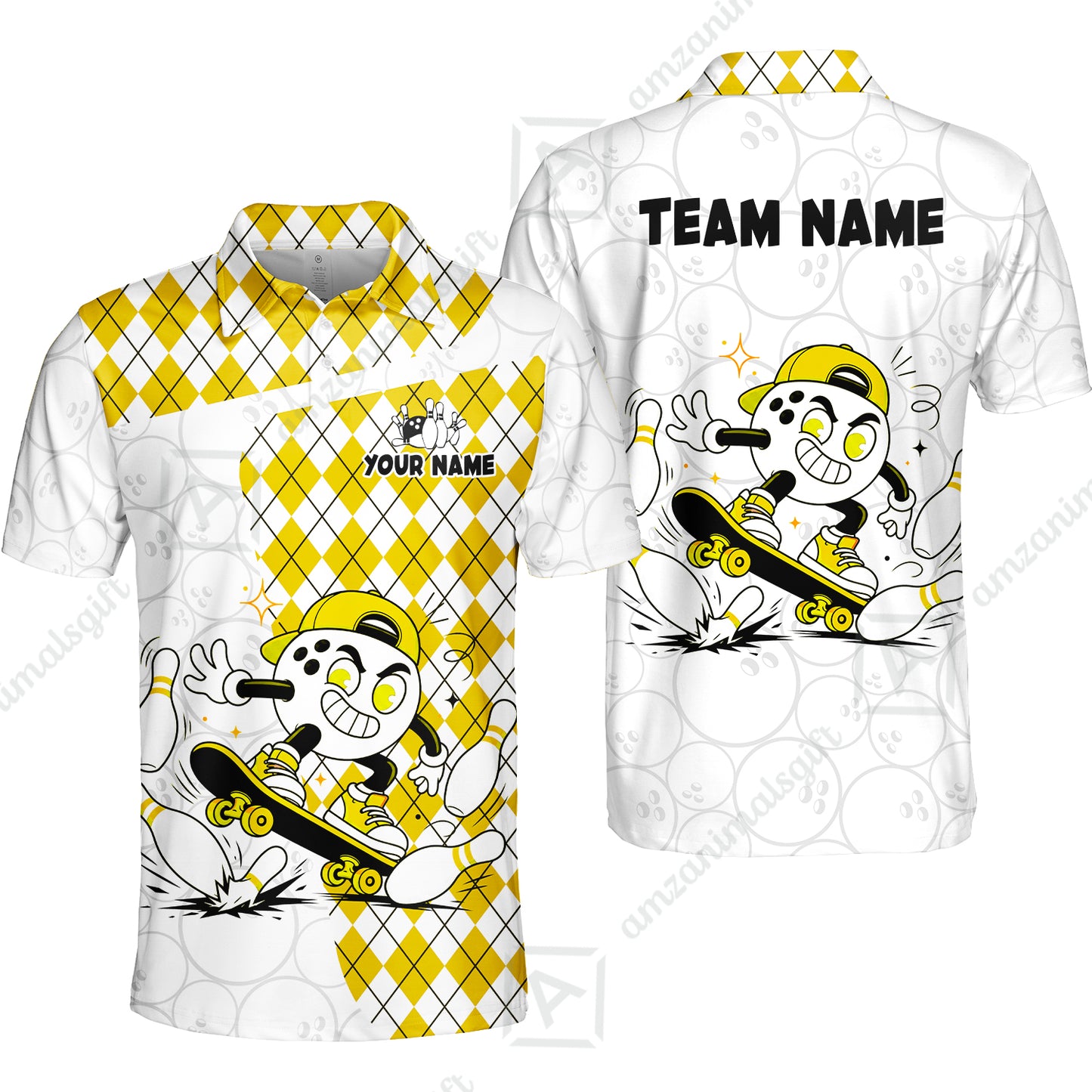 Custom Bowling Jersey Polo Shirt, Skateboarder Bowling Ball Mascot, Custom Bowling Jersey Team Shirt For Players With Name and Team Name