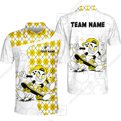 Custom Bowling Jersey Polo Shirt, Skateboarder Bowling Ball Mascot, Custom Bowling Jersey Team Shirt For Players With Name and Team Name