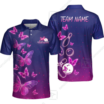 Custom Bowling Jersey Polo Shirt, Neon Butterfly Bowling, Custom Bowling Jersey Team Shirt