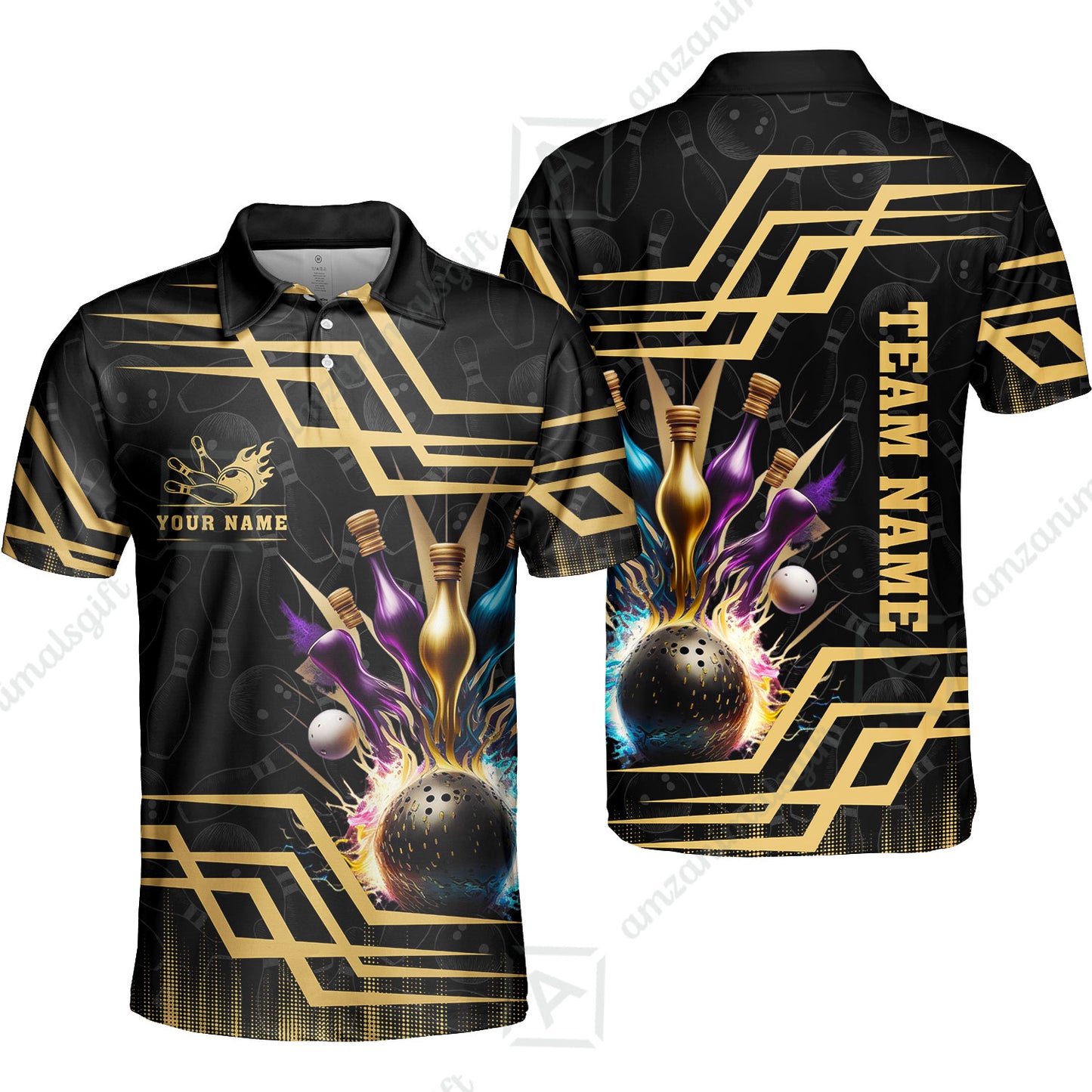 Customized Bowling Unisex Polo, Bowling And Pins Royal Multicolor Option Customized Name And Team Name For Bowling Team