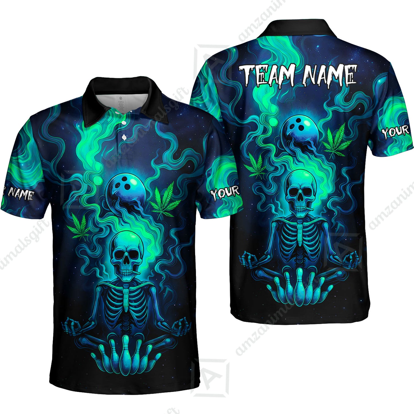 Custom Bowling Team Unisex Polo Shirt, Neon Skull CNB Bowling Custom Shirt Featuring Personalized Name and Team Name
