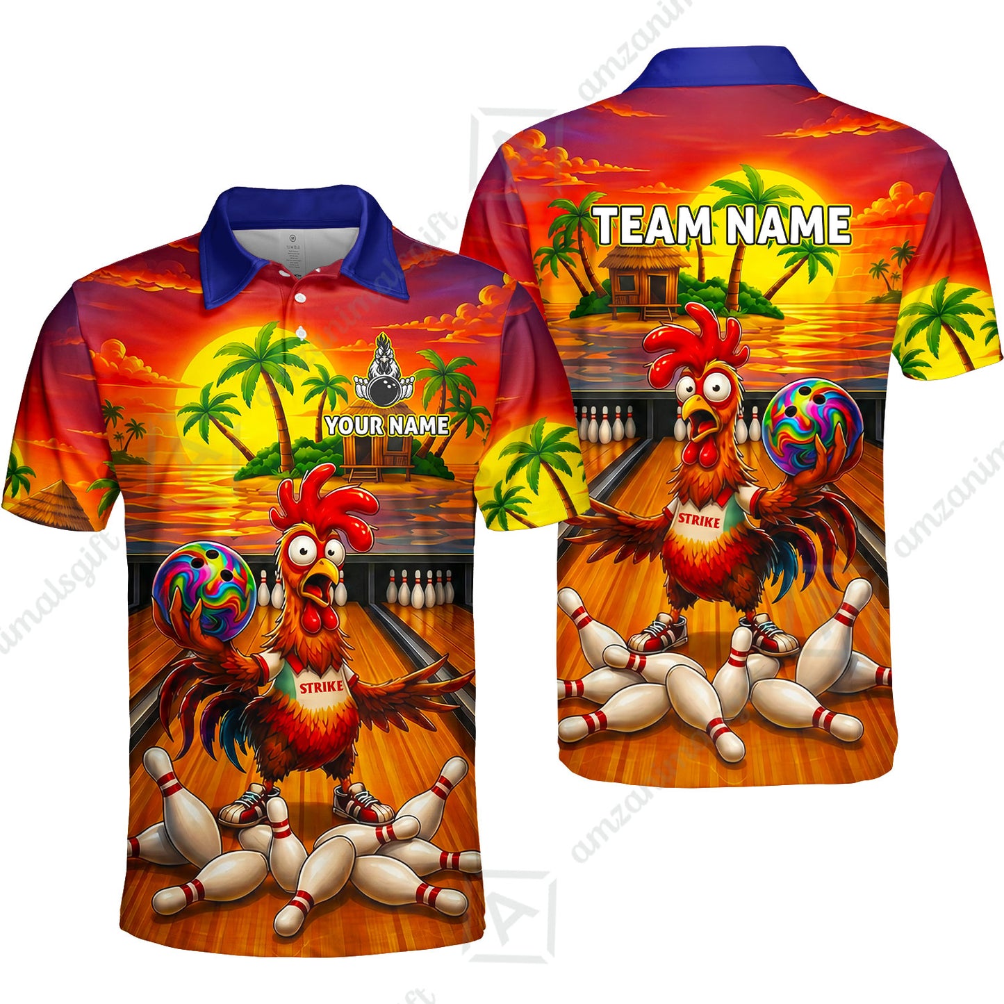 Custom Bowling Jersey Polo Shirt, Funny Tropical Island Rooster Strike, Custom Bowling Jersey Team Shirt For Players With Name and Team Name