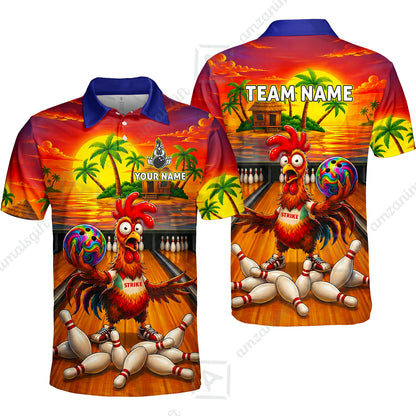 Custom Bowling Jersey Polo Shirt, Funny Tropical Island Rooster Strike, Custom Bowling Jersey Team Shirt For Players With Name and Team Name