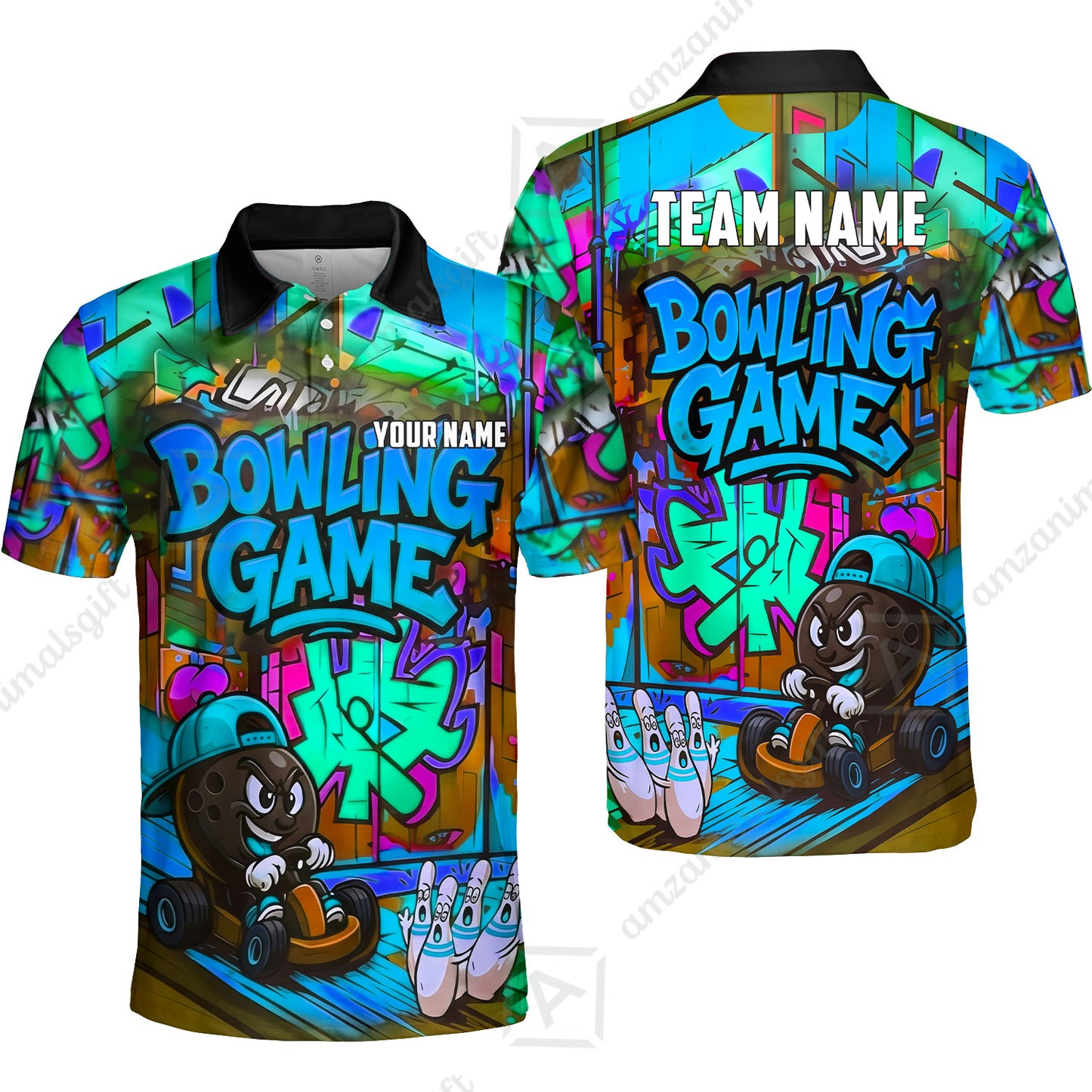 Custom Bowling Jersey Polo Shirt, Street Graffiti Go Kart Ball, Custom Bowling Jersey Team Shirt For Players With Name and Team Name