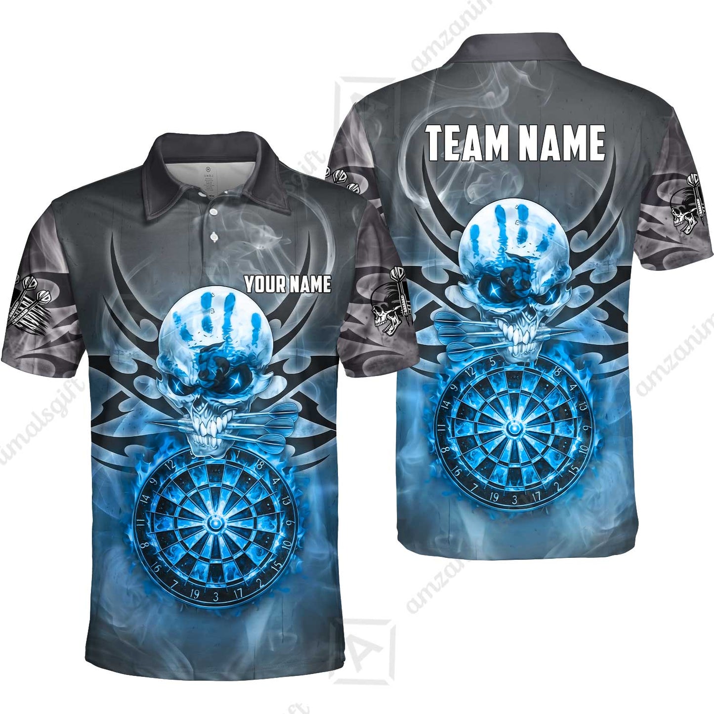 Custom Darts Jersey Polo Shirt, Glowing Fire Skull Tribal, Custom Dart Jersey Team Shirt For Players With Name & Team Name