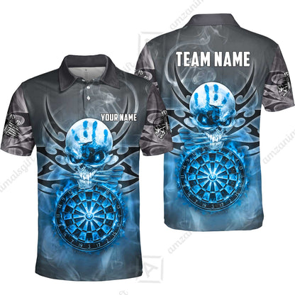 Custom Darts Jersey Polo Shirt, Glowing Fire Skull Tribal, Custom Dart Jersey Team Shirt For Players With Name & Team Name