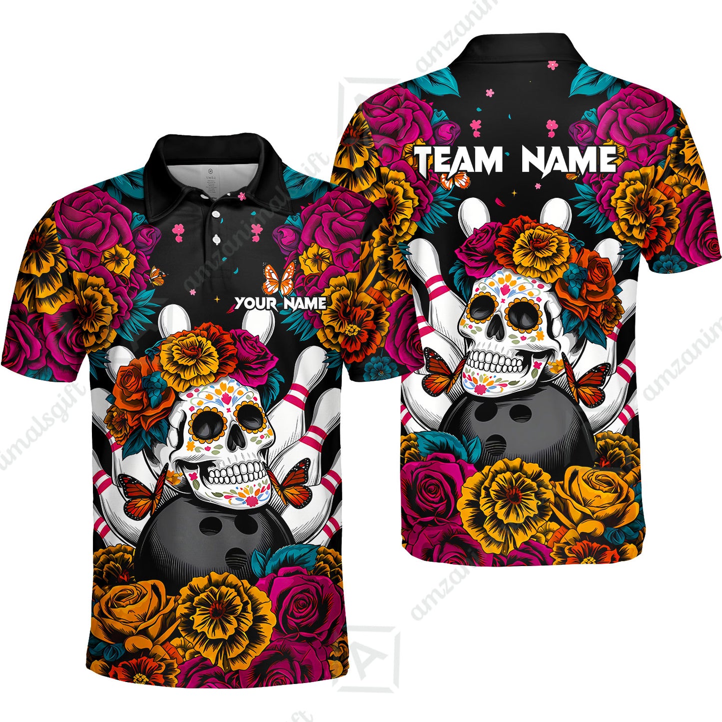 Custom Bowling Jersey Polo Shirt, Floral Skull Bowling, Personalize Name and Team Name