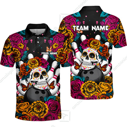 Custom Bowling Jersey Polo Shirt, Floral Skull Bowling, Personalize Name and Team Name