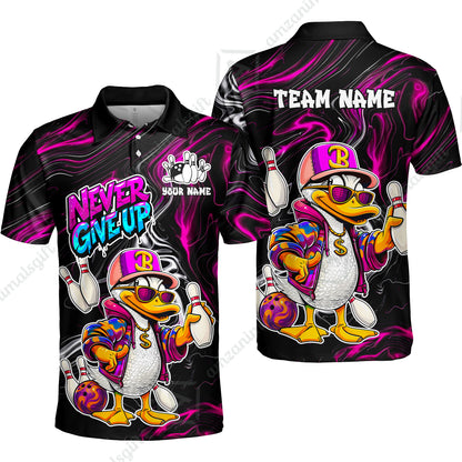Custom Bowling Jersey Polo Shirt, Duck Never Give Up, Custom Bowling Jersey Team Shirt For Players With Name & Team Name
