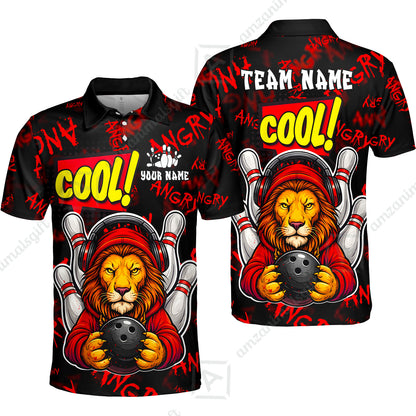 Custom Bowling Jersey Polo Shirt, Cool Lion Holding Ball, Personalize Name and Team Name