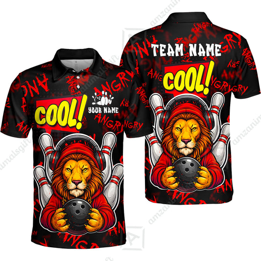 Custom Bowling Jersey Polo Shirt, Cool Lion Holding Ball, Personalize Name and Team Name