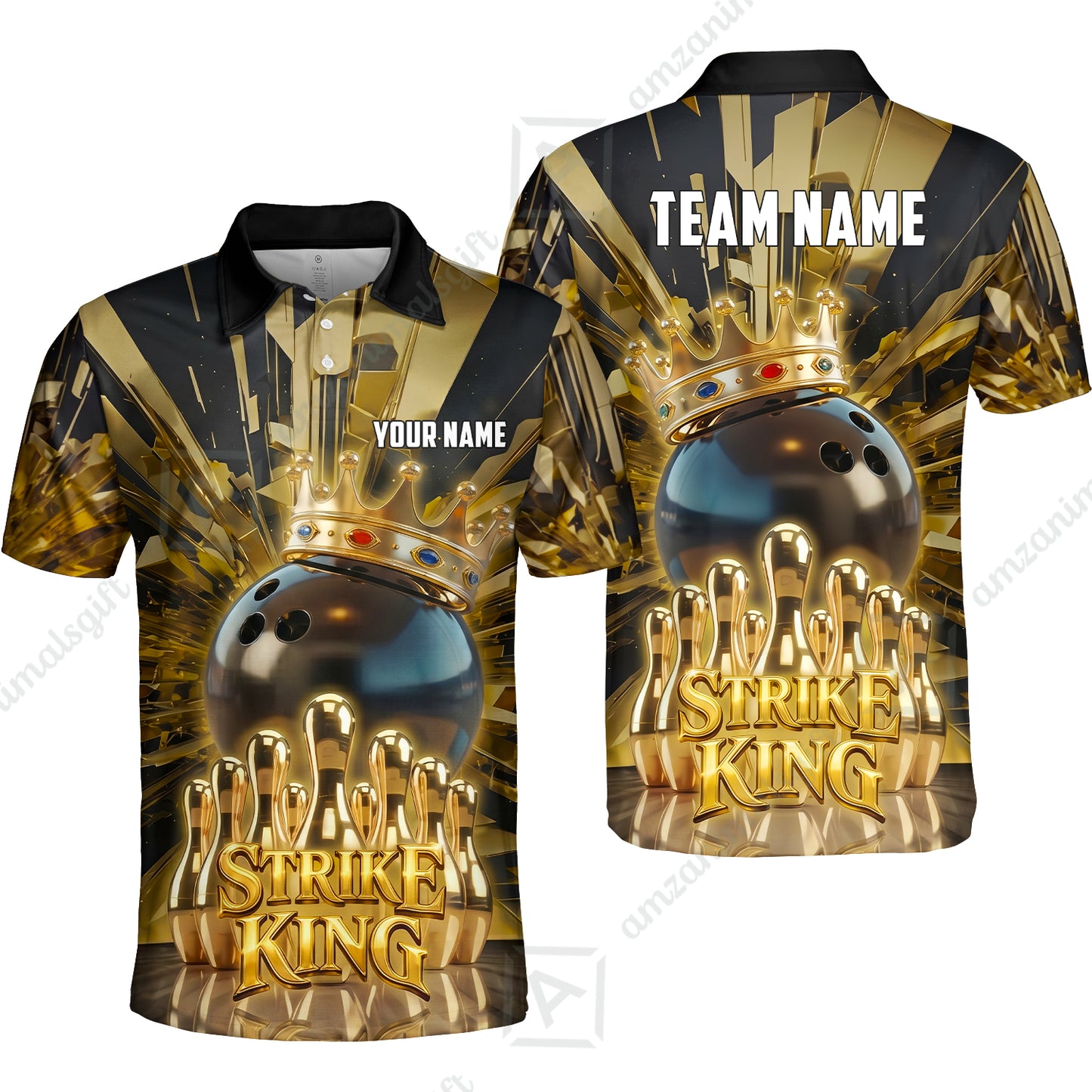 Custom Bowling Jersey Polo Shirt, Luxury Gold Strike King Crown, Custom Bowling Jersey Team Shirt For Players With Name and Team Name