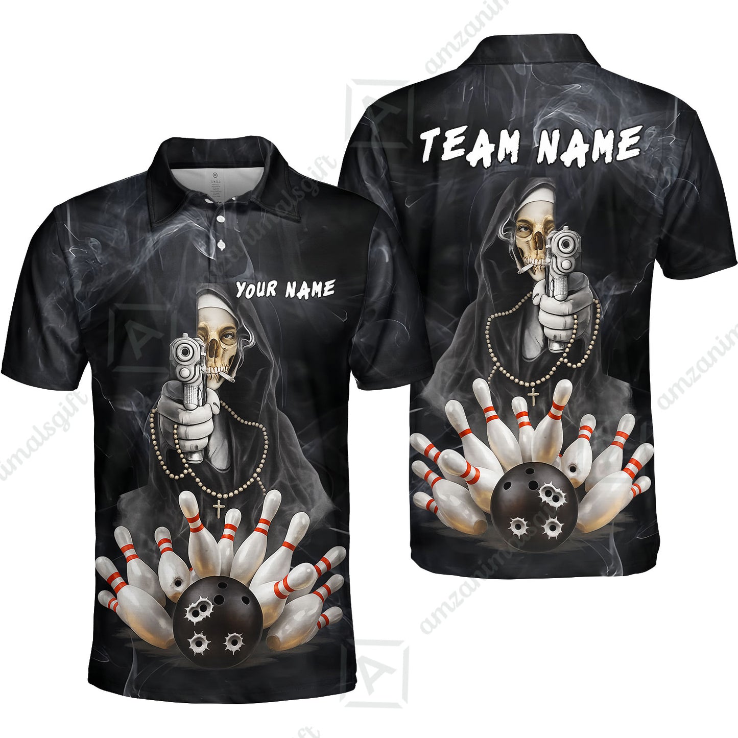 Custom Bowling Jersey Polo Shirt, Badass Smoking Skeleton Nun Gun Strike, Custom Bowling Jersey Team Shirt For Players With Name & Team Name