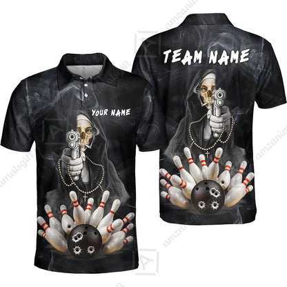 Custom Bowling Jersey Polo Shirt, Badass Smoking Skeleton Nun Gun Strike, Custom Bowling Jersey Team Shirt For Players With Name & Team Name