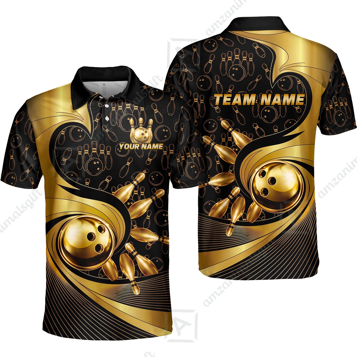 Custom Bowling Jersey Polo Shirt, Bowling Gold Swirling Pattern, Personalize Name and Team Name