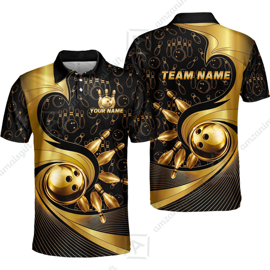 Custom Bowling Jersey Polo Shirt, Bowling Gold Swirling Pattern, Personalize Name and Team Name