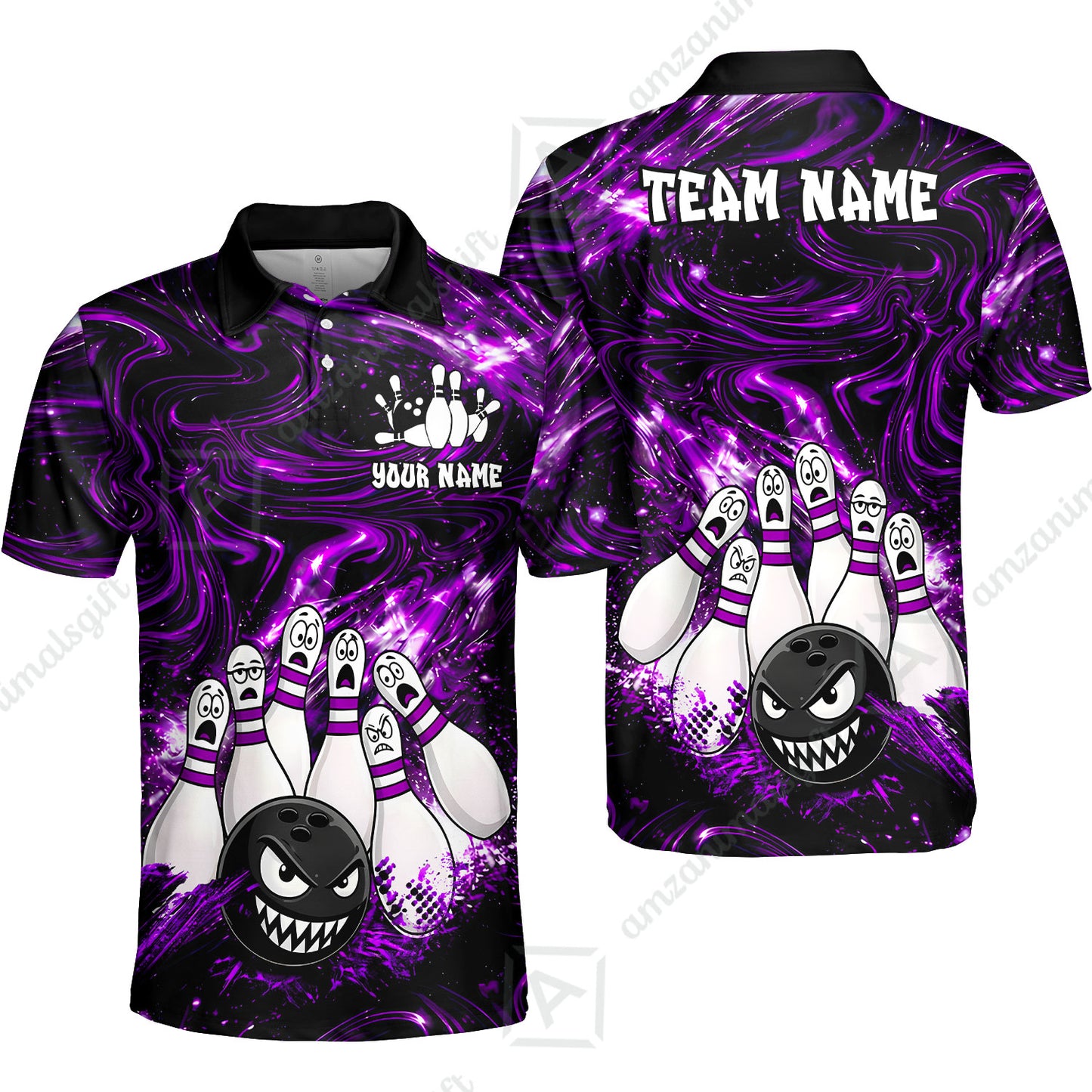 Customized Bowling Unisex Polo Shirt, Bowling Angry Ball VS Screaming Pins, Personalized Name And Team Name