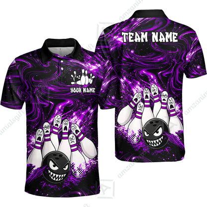 Customized Bowling Unisex Polo Shirt, Bowling Angry Ball VS Screaming Pins, Personalized Name And Team Name