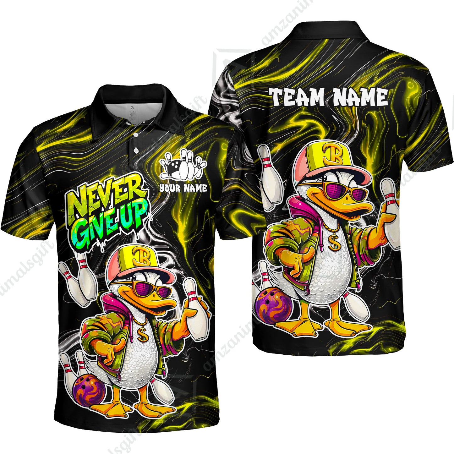 Custom Bowling Jersey Polo Shirt, Duck Never Give Up, Custom Bowling Jersey Team Shirt For Players With Name & Team Name
