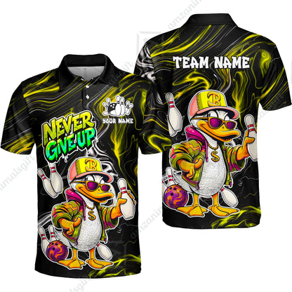 Custom Bowling Jersey Polo Shirt, Duck Never Give Up, Custom Bowling Jersey Team Shirt For Players With Name & Team Name