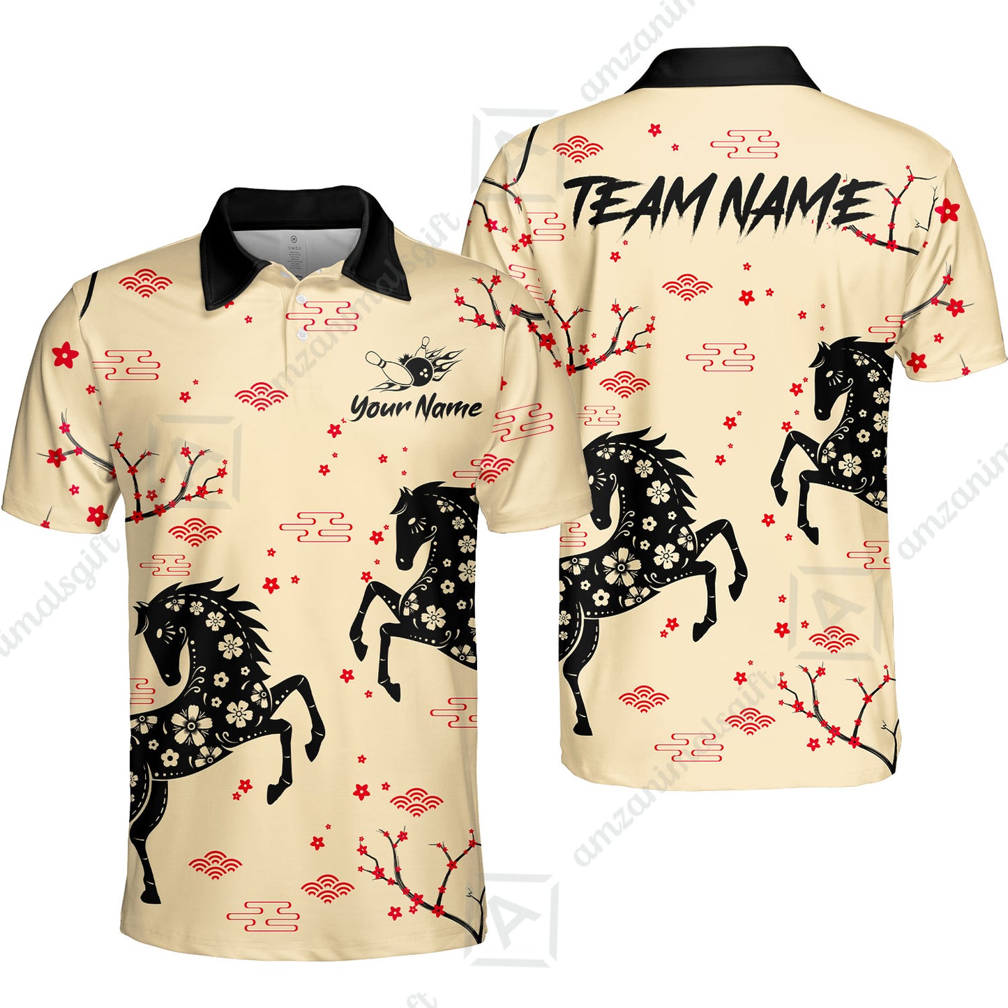 Customized Bowling Unisex Polo Shirt, Floral Pattern Horse Cherry Blossom, Bowling Uniform - Personalized Name Team Name