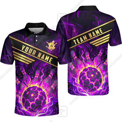 Custom Bowling Polo Shirt, Glowing Bowling Ball and Pins Custom Bowling Polo Team Shirt For Players With Name & Team Name