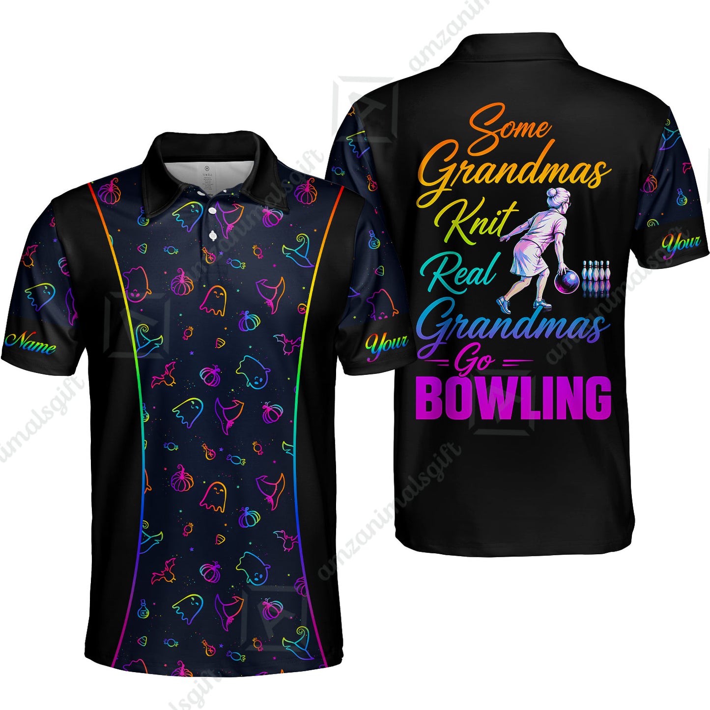 Custom Bowling Jersey Polo Shirt, Some Grandmas Bowl Real Grandmas Play Bowling Halloween Rainbow Pattern, Personalized Name And Team Name